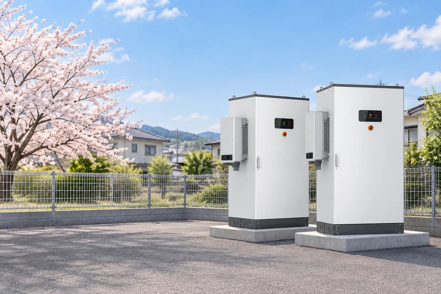 住宅地の外れにある元駐車場の区画に、低圧の系統用蓄電池のキャビネットが2台設置されている様子