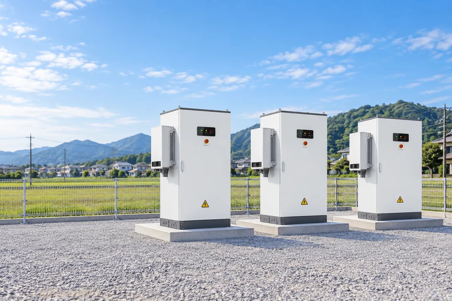 整地した遊休地に、低圧の系統用蓄電池のキャビネットが3台並んで設置されている様子