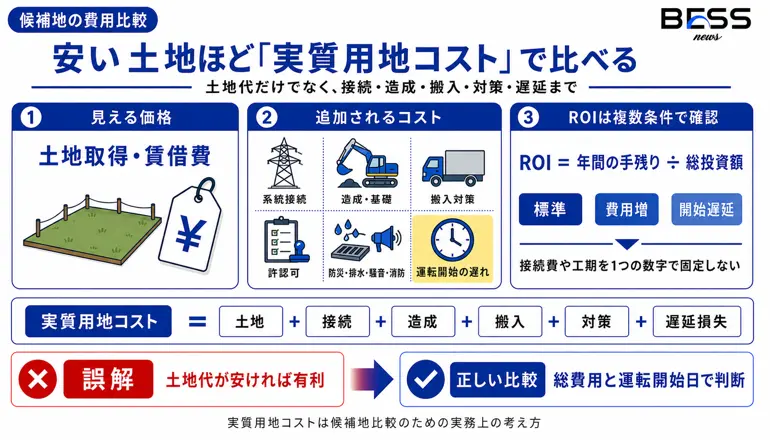 安い土地ほど『実質用地コスト』で比べる　土地代だけでなく、接続・造成・搬入・対策・遅延まで