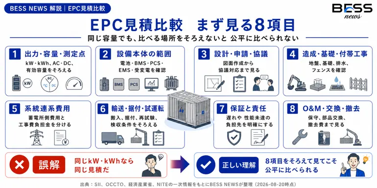 EPC見積比較　まず見る8項目　同じ容量でも、比べる場所をそろえないと公平に比べられない